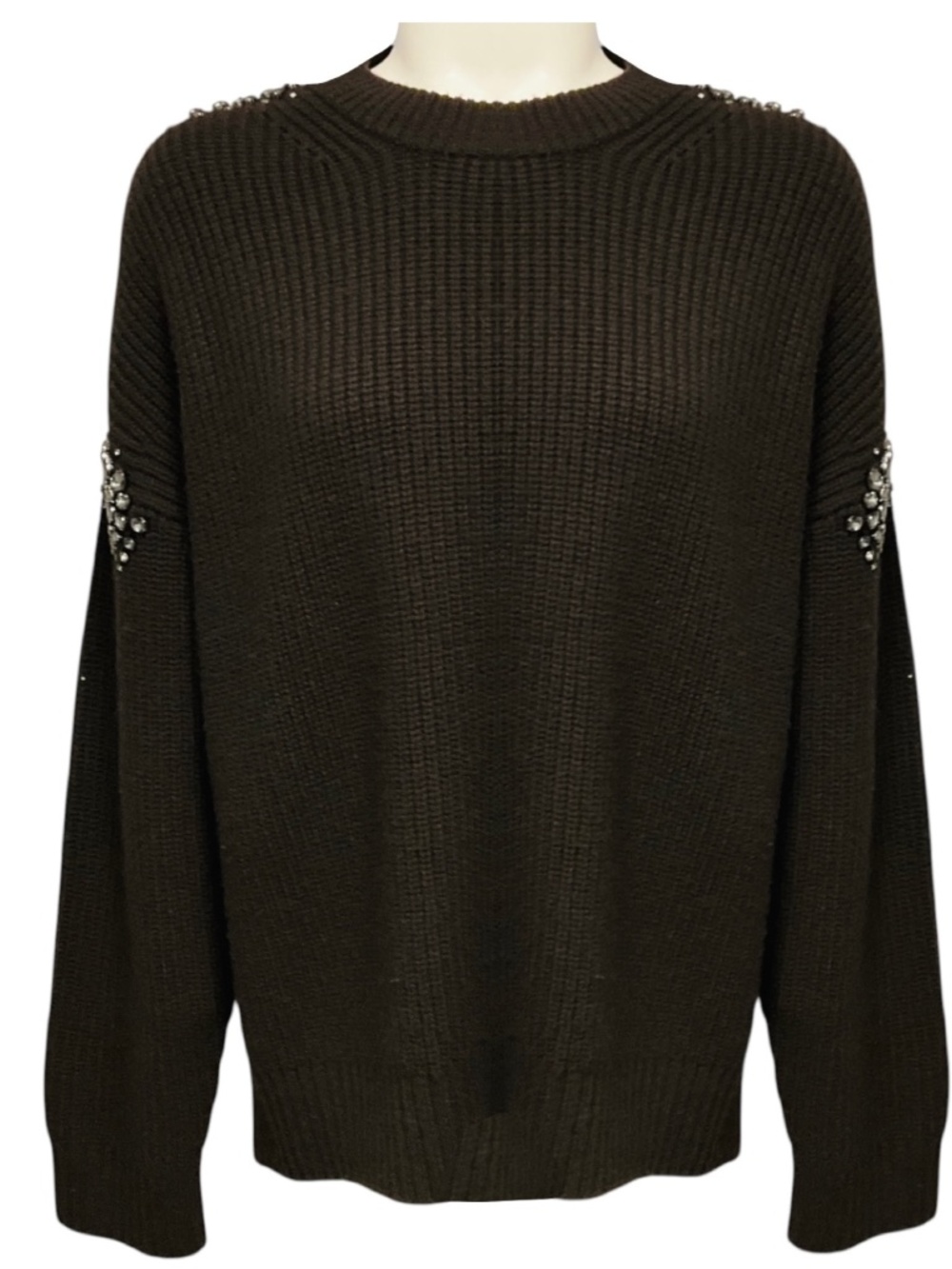 A.L.C. BROWN LENNOX EMBELLISHED MERINO WOOL KNIT SWEATER